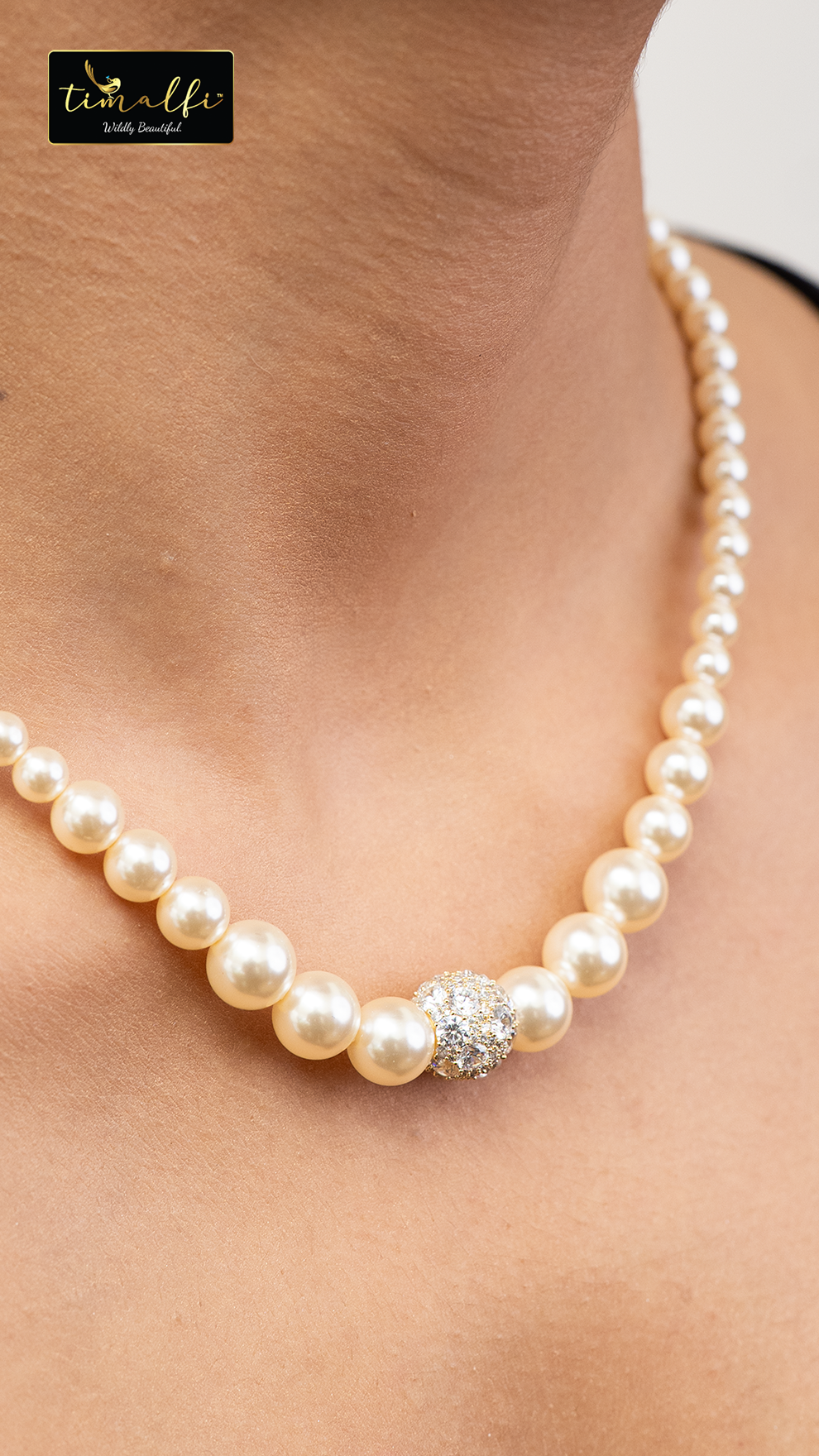 Classic Pearl Necklace with Pave Crystal Ball