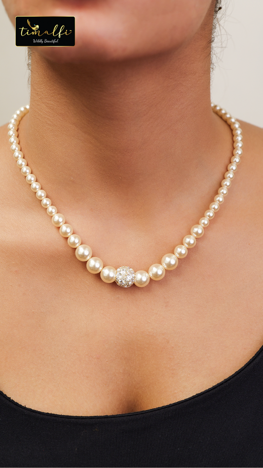 Classic Pearl Necklace with Pave Crystal Ball